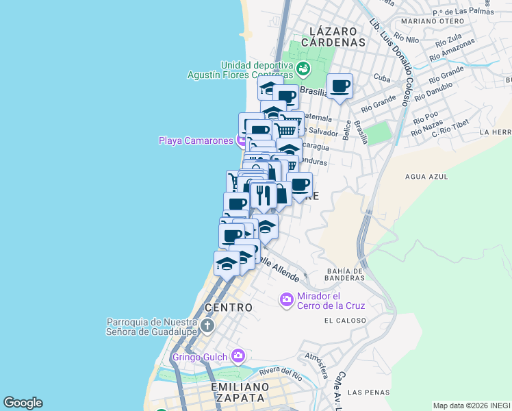 map of restaurants, bars, coffee shops, grocery stores, and more near 1086 Calle Perú in Puerto Vallarta