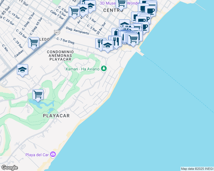 map of restaurants, bars, coffee shops, grocery stores, and more near Bahía del Espíritu Santo in Playa del Carmen