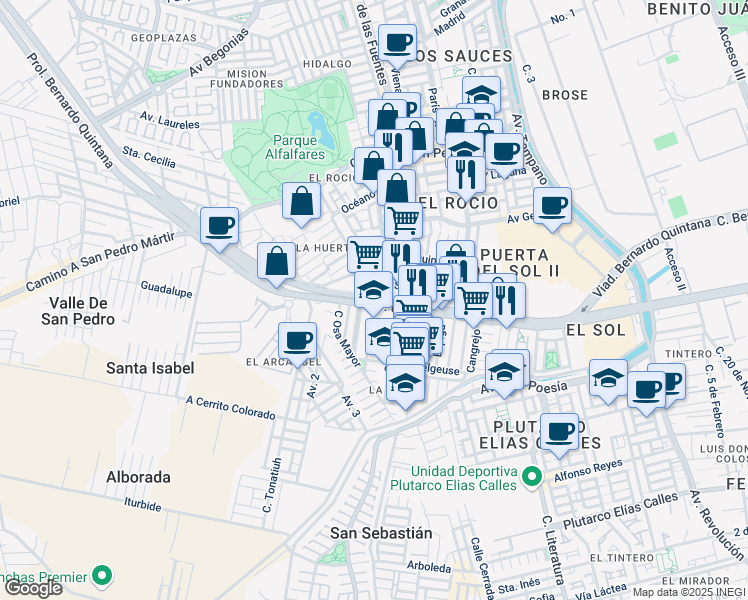map of restaurants, bars, coffee shops, grocery stores, and more near Prolongación Bernardo Quintana in Santiago de Querétaro