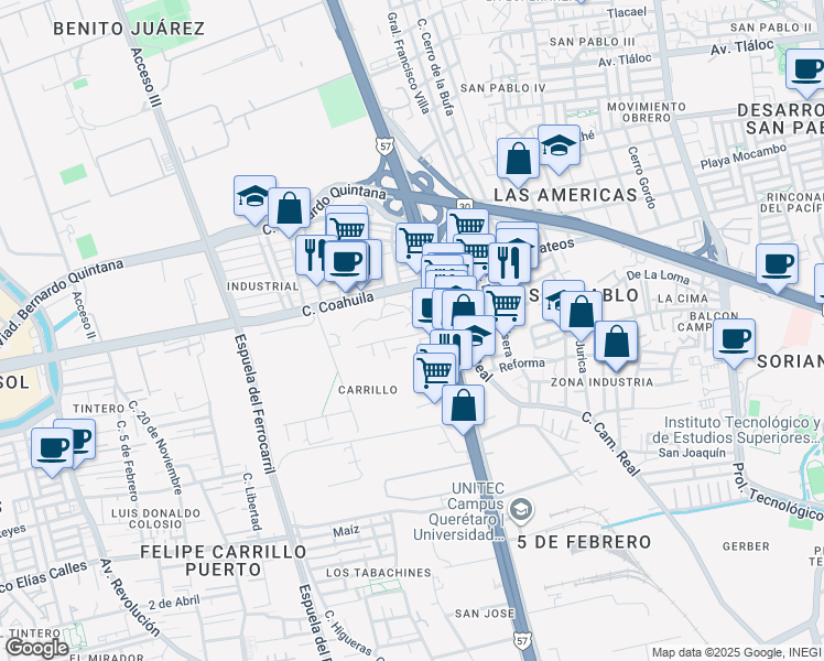 map of restaurants, bars, coffee shops, grocery stores, and more near 1351 Avenida 5 de Febrero in Santiago de Querétaro