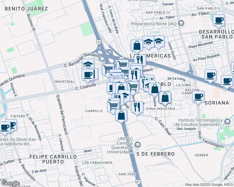 map of restaurants, bars, coffee shops, grocery stores, and more near 1404 Avenida 5 de Febrero in Santiago de Querétaro