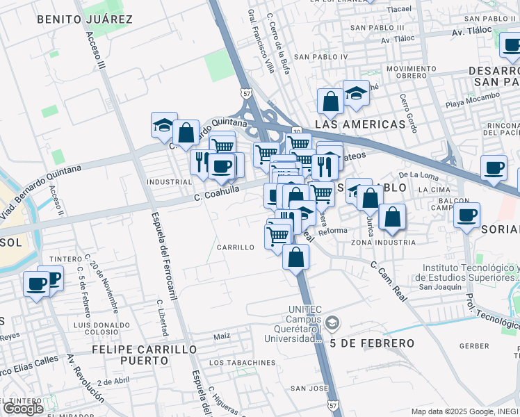 map of restaurants, bars, coffee shops, grocery stores, and more near 1351 Avenida 5 de Febrero in Santiago de Querétaro