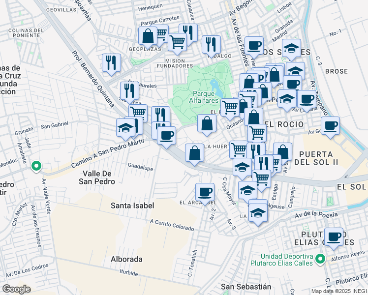 map of restaurants, bars, coffee shops, grocery stores, and more near 2420 Prolongación Bernardo Quintana in Santiago de Querétaro