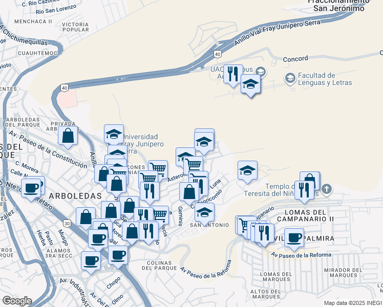 map of restaurants, bars, coffee shops, grocery stores, and more near San Isidro in Santiago de Querétaro