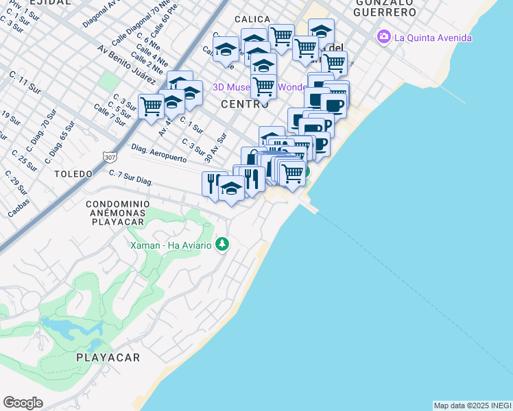 map of restaurants, bars, coffee shops, grocery stores, and more near 26 Plaza Antigua in Playa del Carmen