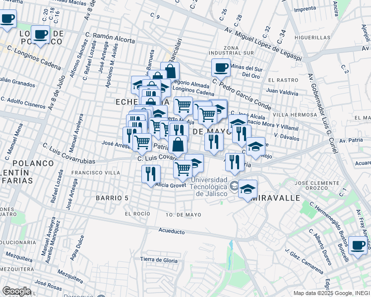 map of restaurants, bars, coffee shops, grocery stores, and more near 888 Avenida de la Patria in Guadalajara