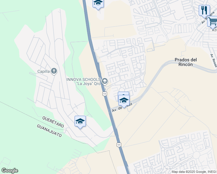 map of restaurants, bars, coffee shops, grocery stores, and more near in Santiago de Querétaro