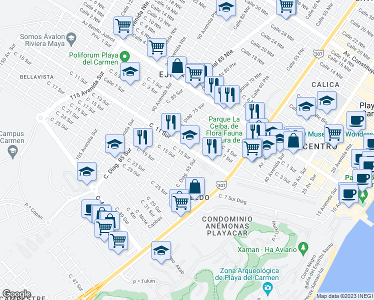 map of restaurants, bars, coffee shops, grocery stores, and more near Mz 10 Calle 11 Sur in Playa del Carmen