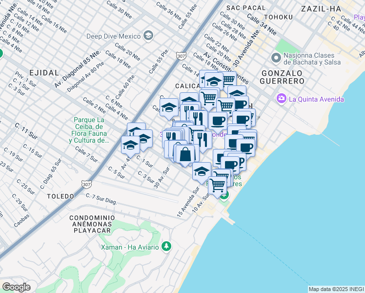 map of restaurants, bars, coffee shops, grocery stores, and more near in Playa del Carmen