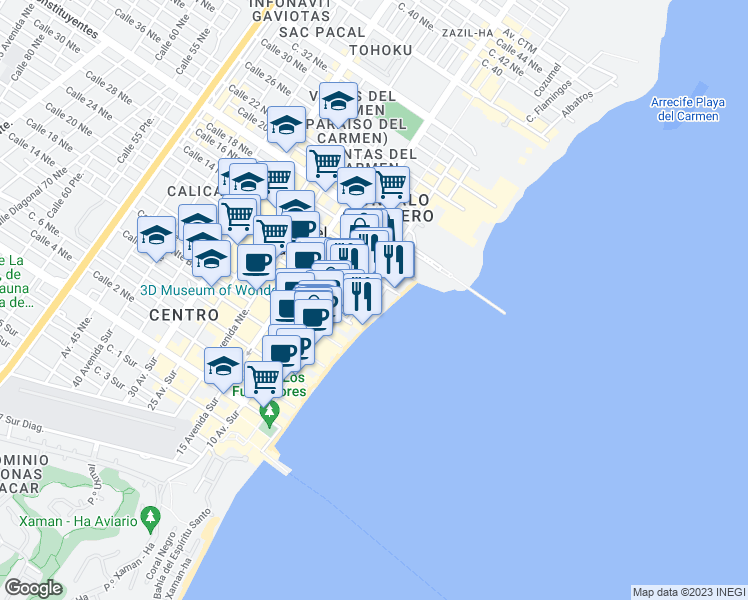 map of restaurants, bars, coffee shops, grocery stores, and more near 3 Calle 1 Norte in Playa del Carmen