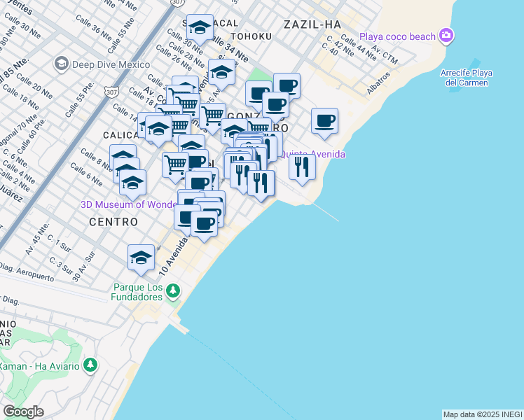 map of restaurants, bars, coffee shops, grocery stores, and more near Calle 1 Norte in Playa del Carmen