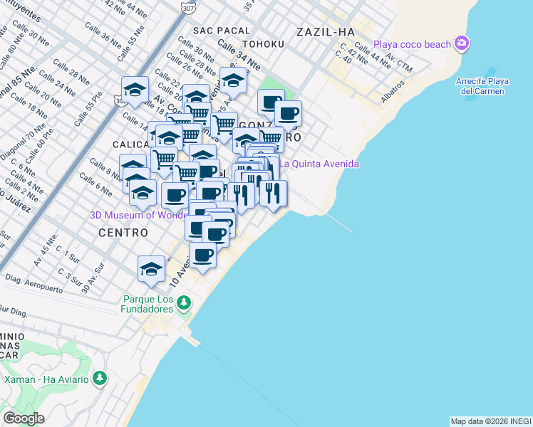 map of restaurants, bars, coffee shops, grocery stores, and more near Calle 1 Norte in Playa del Carmen
