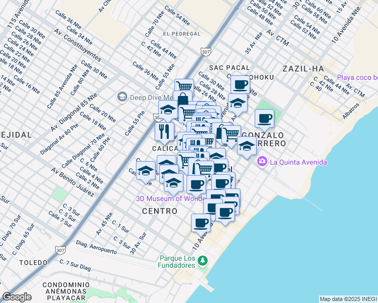 map of restaurants, bars, coffee shops, grocery stores, and more near 2 Calle 12 Norte Bis in Playa del Carmen