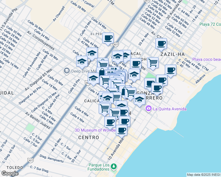 map of restaurants, bars, coffee shops, grocery stores, and more near in Playa del Carmen