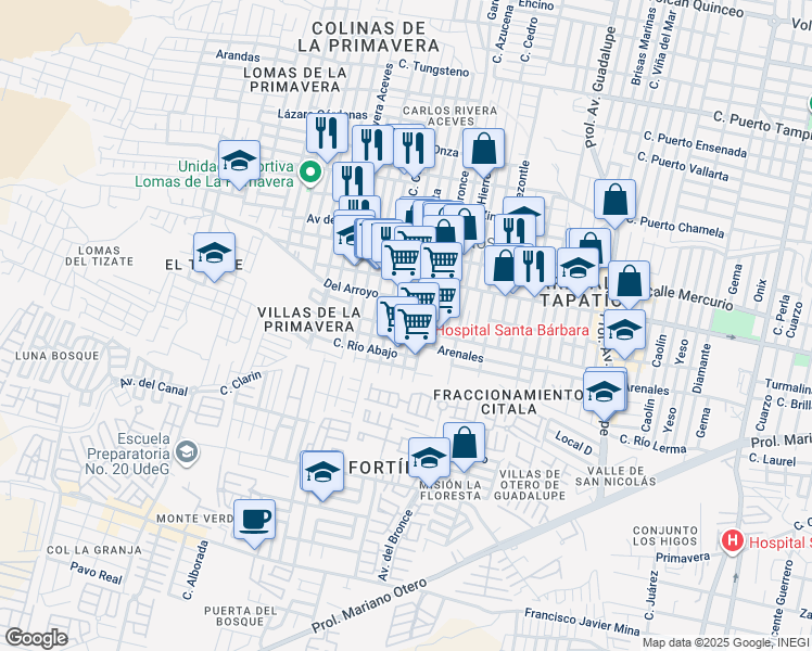 map of restaurants, bars, coffee shops, grocery stores, and more near 911 Central in Zapopan