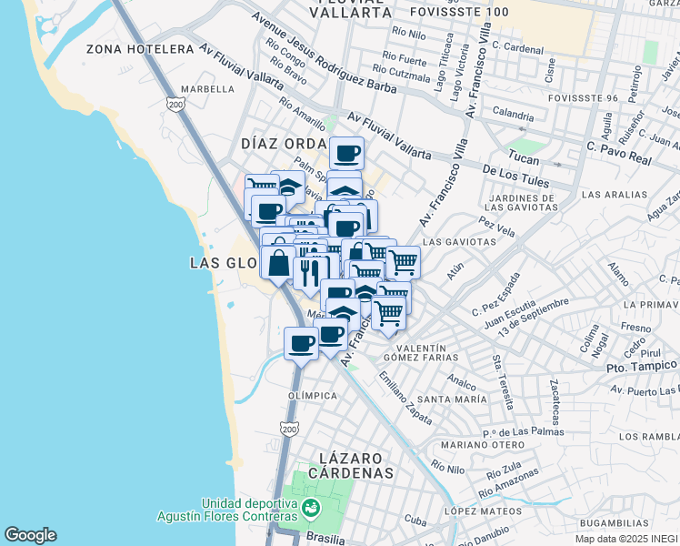 map of restaurants, bars, coffee shops, grocery stores, and more near Aldanaca in Puerto Vallarta