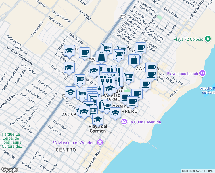 map of restaurants, bars, coffee shops, grocery stores, and more near MANZANA 39 30 Avenida Norte in Playa del Carmen