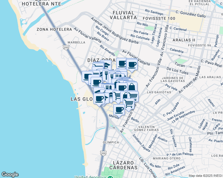 map of restaurants, bars, coffee shops, grocery stores, and more near in Puerto Vallarta
