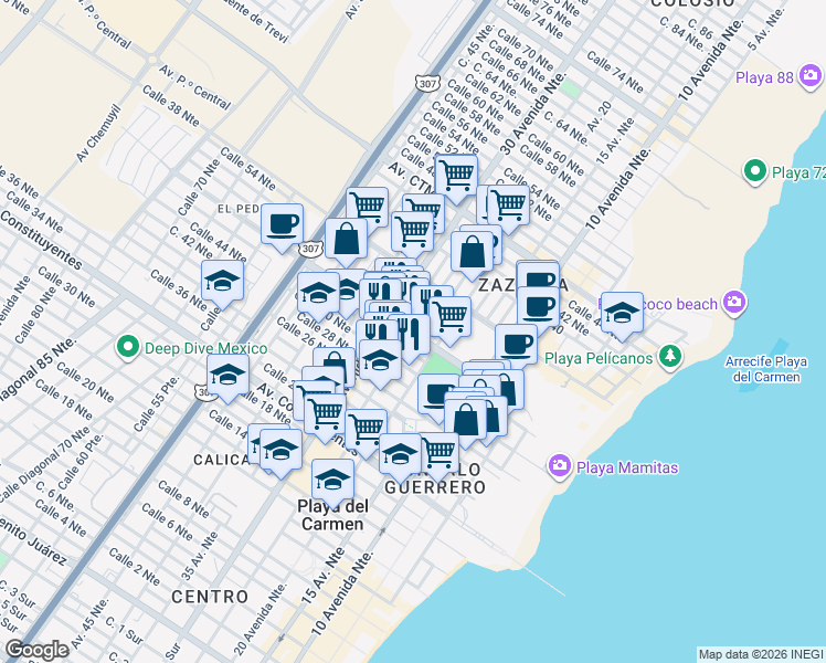 map of restaurants, bars, coffee shops, grocery stores, and more near Calle 34 Norte in Playa del Carmen