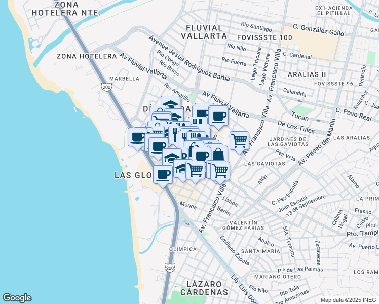 map of restaurants, bars, coffee shops, grocery stores, and more near 203 Viena in Puerto Vallarta