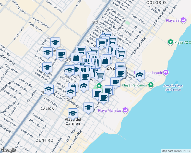 map of restaurants, bars, coffee shops, grocery stores, and more near in Playa del Carmen