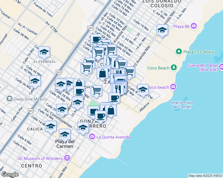 map of restaurants, bars, coffee shops, grocery stores, and more near 77710 10 Avenida Norte Bis in Playa del Carmen