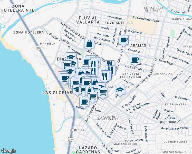 map of restaurants, bars, coffee shops, grocery stores, and more near LB Aldanaca in Puerto Vallarta