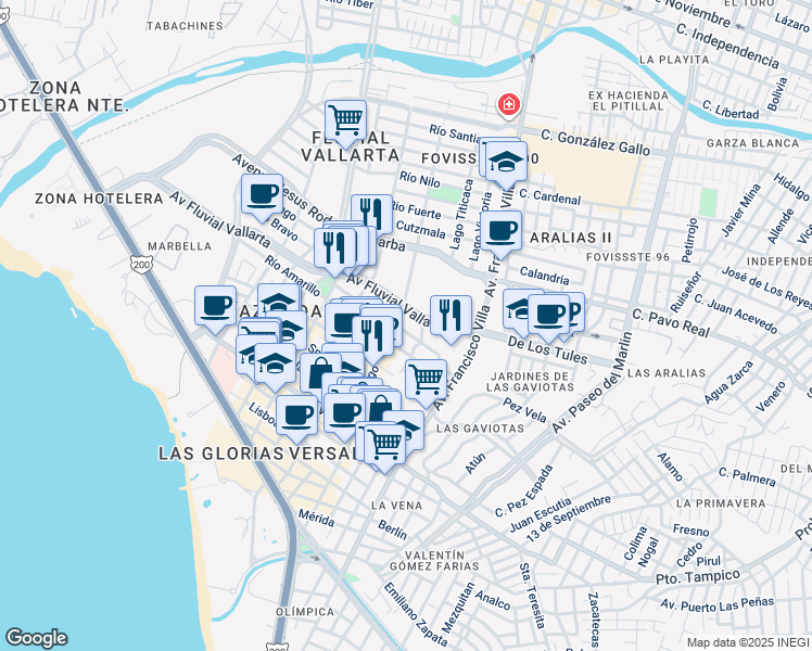 map of restaurants, bars, coffee shops, grocery stores, and more near in Puerto Vallarta