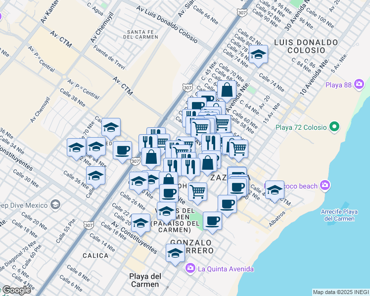 map of restaurants, bars, coffee shops, grocery stores, and more near Calle 42 Norte in Playa del Carmen