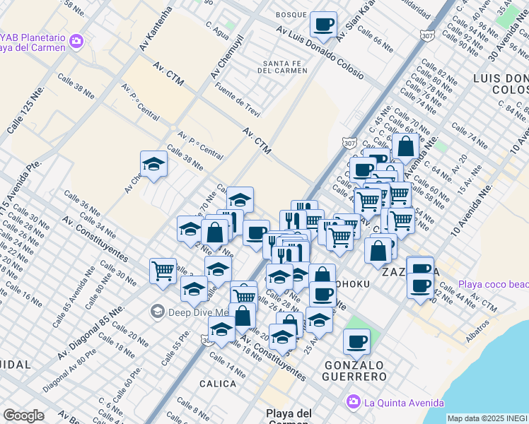 map of restaurants, bars, coffee shops, grocery stores, and more near Calle 38 Norte in Playa del Carmen