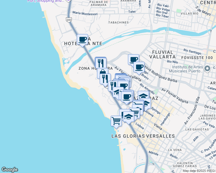 map of restaurants, bars, coffee shops, grocery stores, and more near Manzanillo - Puerto Vallarta in Puerto Vallarta