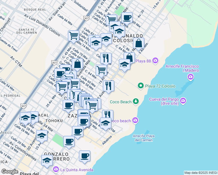 map of restaurants, bars, coffee shops, grocery stores, and more near 15 Calle 64 Norte in Playa del Carmen