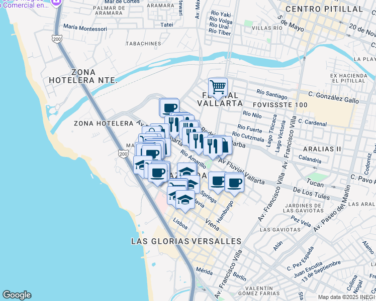 map of restaurants, bars, coffee shops, grocery stores, and more near 243 Avenida Fluvial Vallarta in Puerto Vallarta