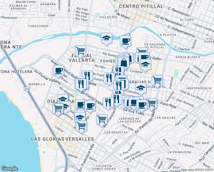 map of restaurants, bars, coffee shops, grocery stores, and more near 124 Avenue Jesus Rodríguez Barba in Puerto Vallarta