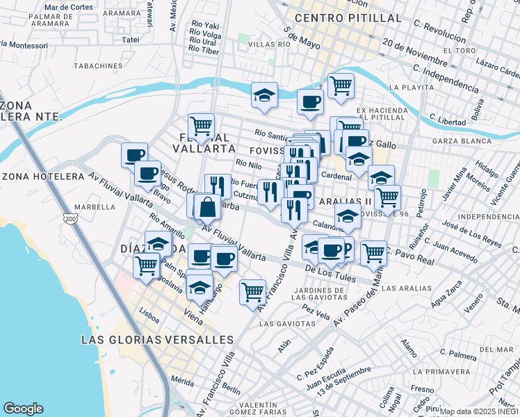 map of restaurants, bars, coffee shops, grocery stores, and more near 124 Avenue Jesus Rodríguez Barba in Puerto Vallarta