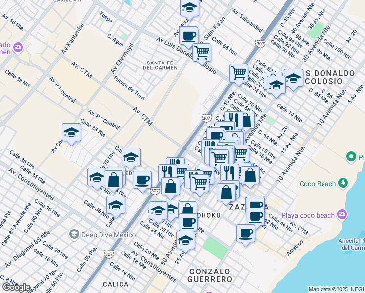 map of restaurants, bars, coffee shops, grocery stores, and more near Avenida CTM in Playa del Carmen