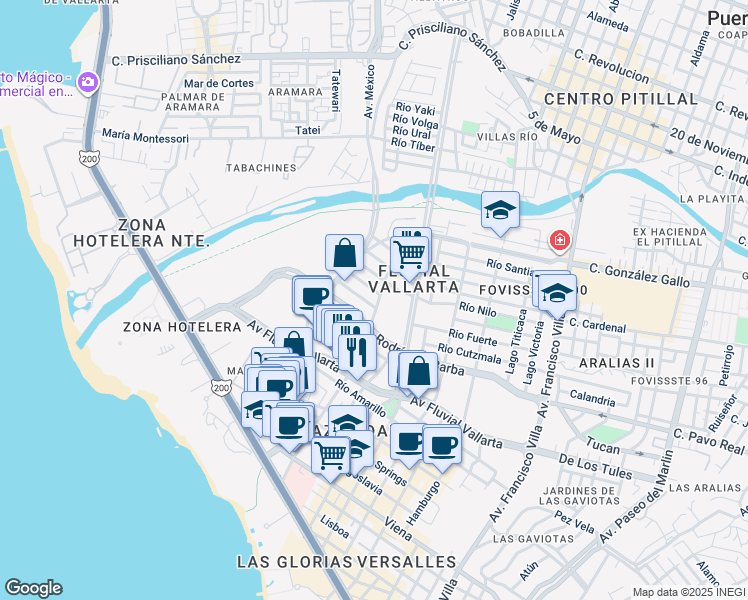 map of restaurants, bars, coffee shops, grocery stores, and more near 159 Lago Salado in Puerto Vallarta