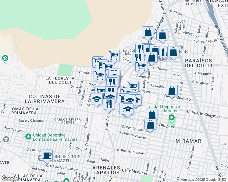 map of restaurants, bars, coffee shops, grocery stores, and more near 420 Prolongación Avenida Guadalupe in Zapopan