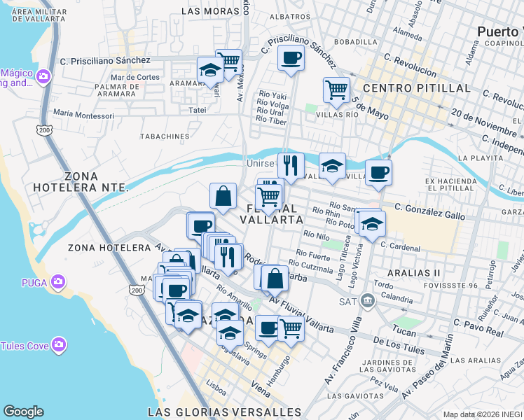 map of restaurants, bars, coffee shops, grocery stores, and more near 159 Lago Salado in Puerto Vallarta