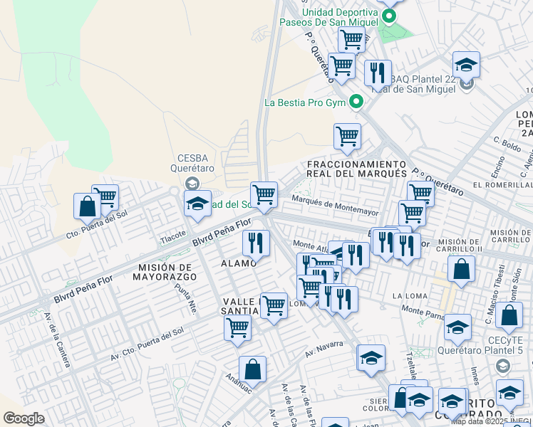 map of restaurants, bars, coffee shops, grocery stores, and more near 123 Boulevard Peña Flor in Santiago de Querétaro