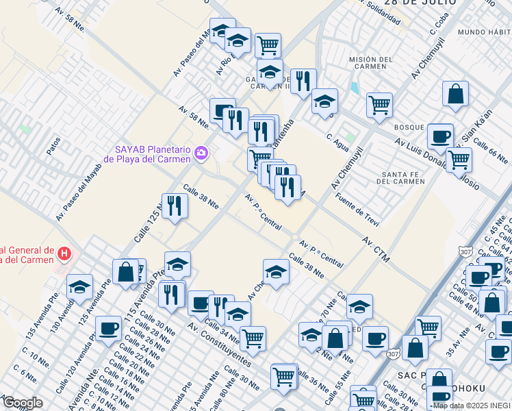 map of restaurants, bars, coffee shops, grocery stores, and more near Avenida Paseo Central in Playa del Carmen