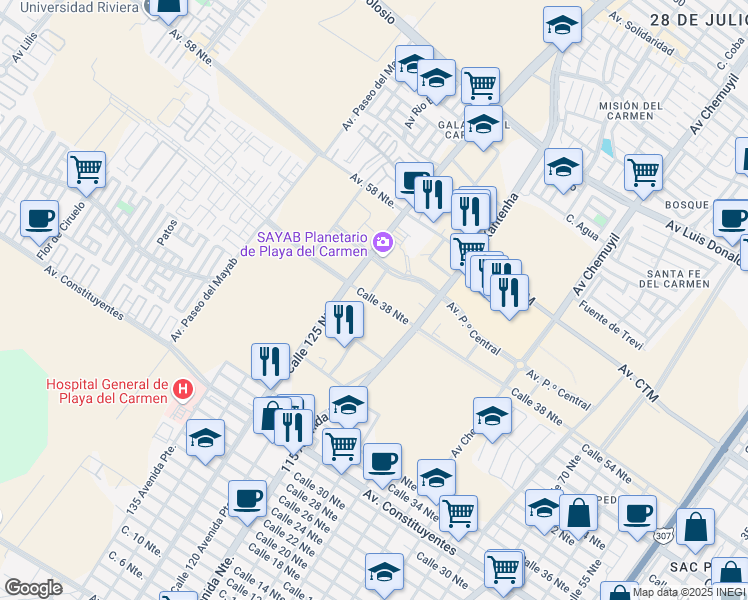 map of restaurants, bars, coffee shops, grocery stores, and more near Calle 38 Norte in Playa del Carmen