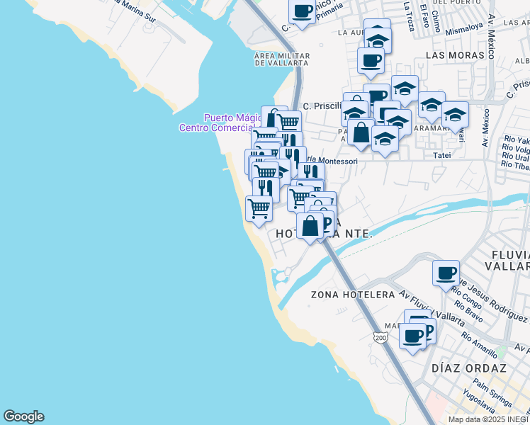map of restaurants, bars, coffee shops, grocery stores, and more near 140 Avenida de las Garzas in Puerto Vallarta