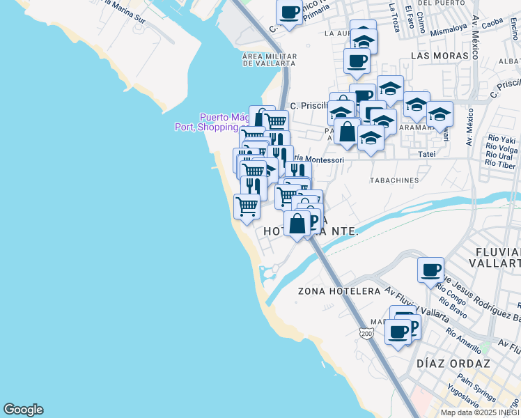 map of restaurants, bars, coffee shops, grocery stores, and more near 140 Avenida de las Garzas in Puerto Vallarta