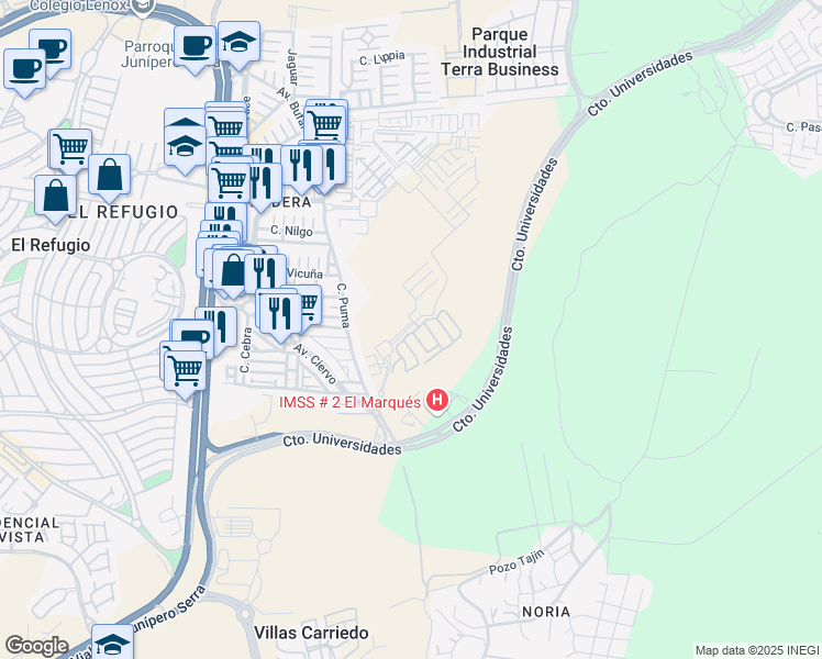 map of restaurants, bars, coffee shops, grocery stores, and more near in Santiago de Querétaro