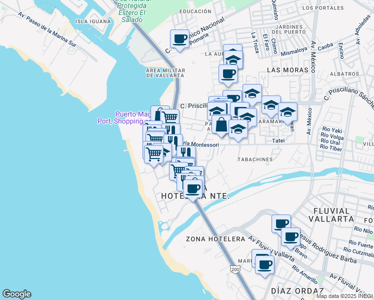 map of restaurants, bars, coffee shops, grocery stores, and more near 360 María Montessori in Puerto Vallarta