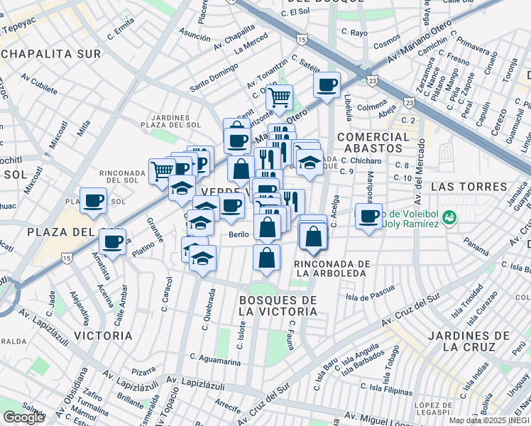 map of restaurants, bars, coffee shops, grocery stores, and more near 2350 Avenida Faro in Guadalajara