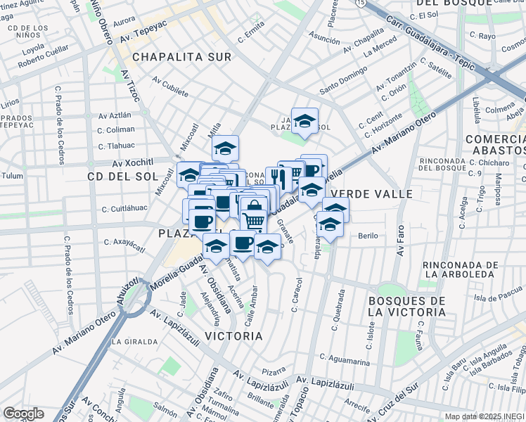 map of restaurants, bars, coffee shops, grocery stores, and more near 1390 Avenida Mariano Otero in Guadalajara