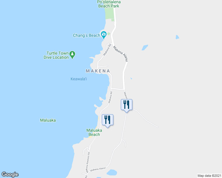 map of restaurants, bars, coffee shops, grocery stores, and more near 5405 Makena Road in Kihei