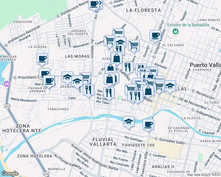 map of restaurants, bars, coffee shops, grocery stores, and more near 10 Avenida de los Grandes Lagos in Puerto Vallarta